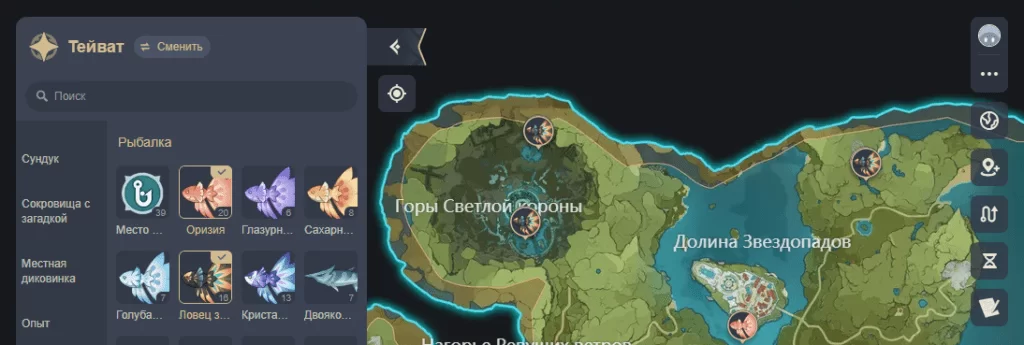 Вся рыба на интерактивной карте Геншин Импакт